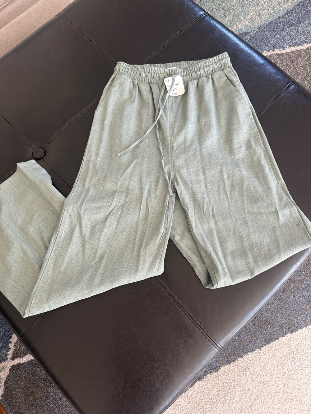 Women’s Sage Green Drawstring Linen-Blend Pants